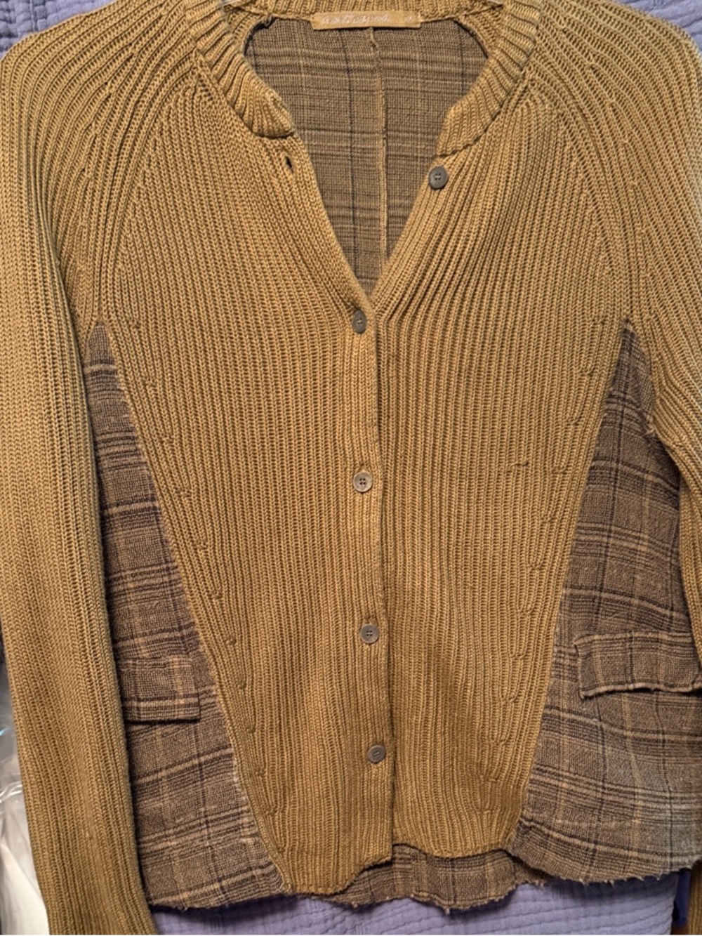 Plaid-Panel Tan Button-Front Knit Cardigan